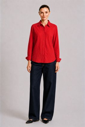 Dress Addict Cotton Printed Rouge Red Top with Button-Front Styling and Relaxed Fit