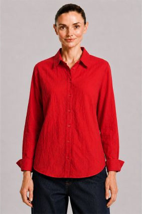 Dress Addict Cotton Printed Rouge Red Top with Button-Front Styling and Relaxed Fit