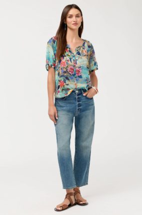 Johnny Was Avah Button Down Shirt Chemis – Women's Silk-Blend Floral Print Long-Sleeve Shirt
