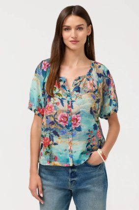 Johnny Was Avah Button Down Shirt Chemis – Women's Silk-Blend Floral Print Long-Sleeve Shirt