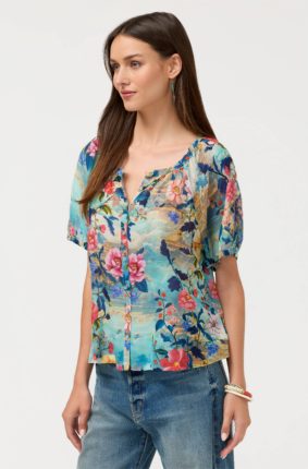 Johnny Was Avah Button Down Shirt Chemis – Women's Silk-Blend Floral Print Long-Sleeve Shirt