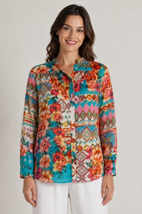Johnny Was Izey Silk Blouse Renata – Women's Designer Printed Long-Sleeve Silk Blouse