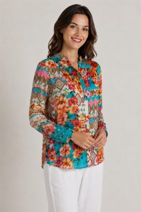 Johnny Was Izey Silk Blouse Renata – Women's Designer Printed Long-Sleeve Silk Blouse