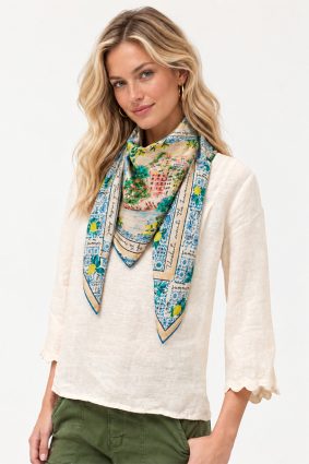 Johnny Was Silk Scarf Chemis featuring intricate floral print in blue, coral, yellow and lilac