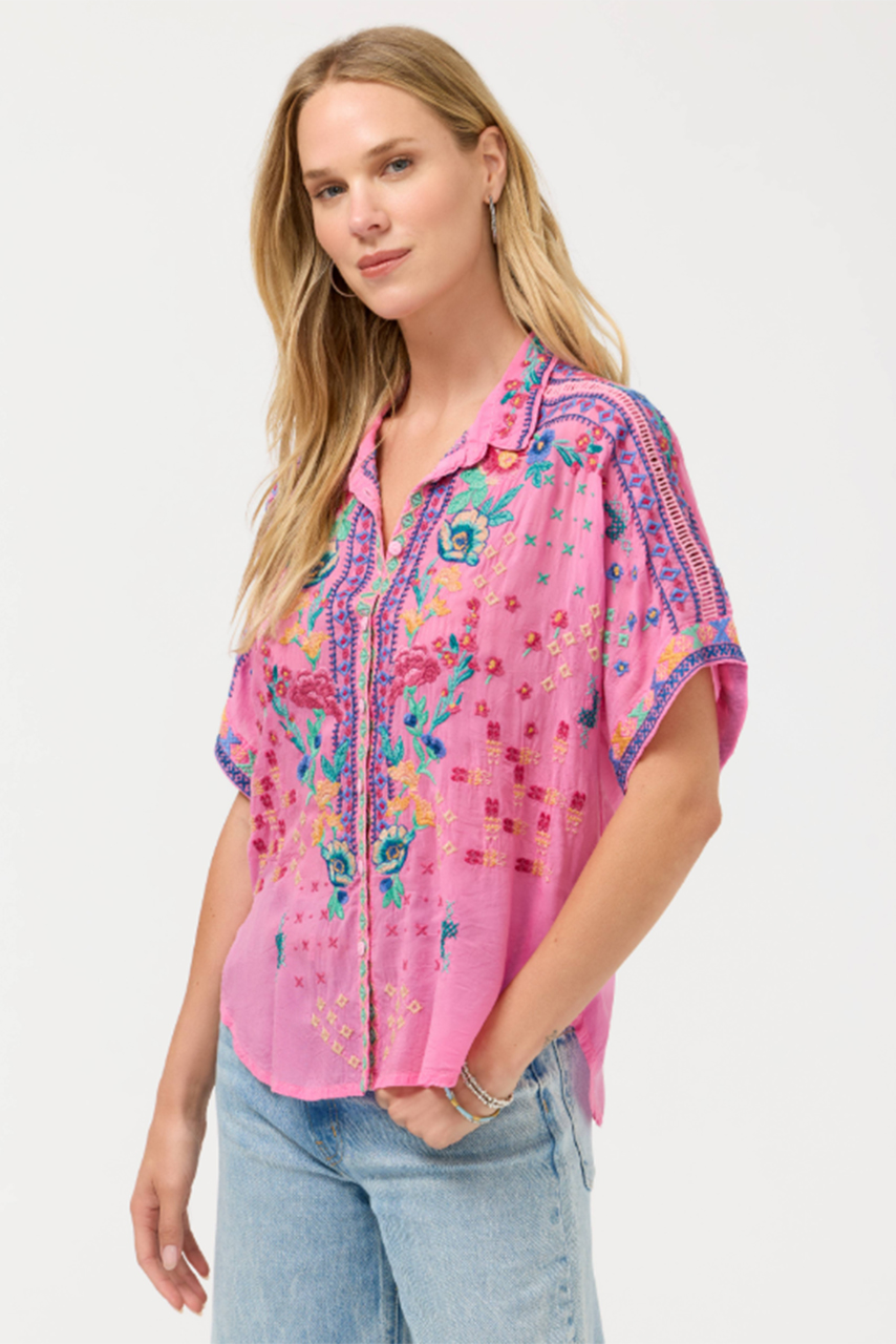 Johnny Was The Audrey Short Sleeve Shirt Lunes – Women's Designer Embroidered Floral & Geometric Cupro Short-Sleeve Top