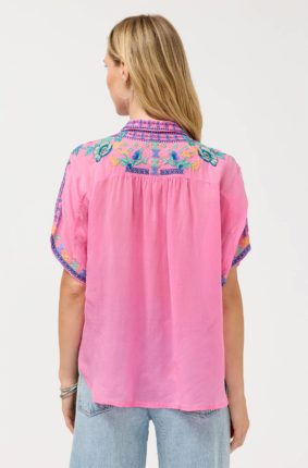 Johnny Was The Audrey Short Sleeve Shirt Lunes – Women's Designer Embroidered Floral & Geometric Cupro Short-Sleeve Top