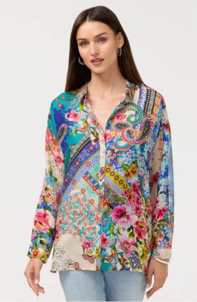 Johnny Was The Audrey Tunic Evie – Women's Designer 100% Silk Patchwork Print Long-Sleeve Tunic Top