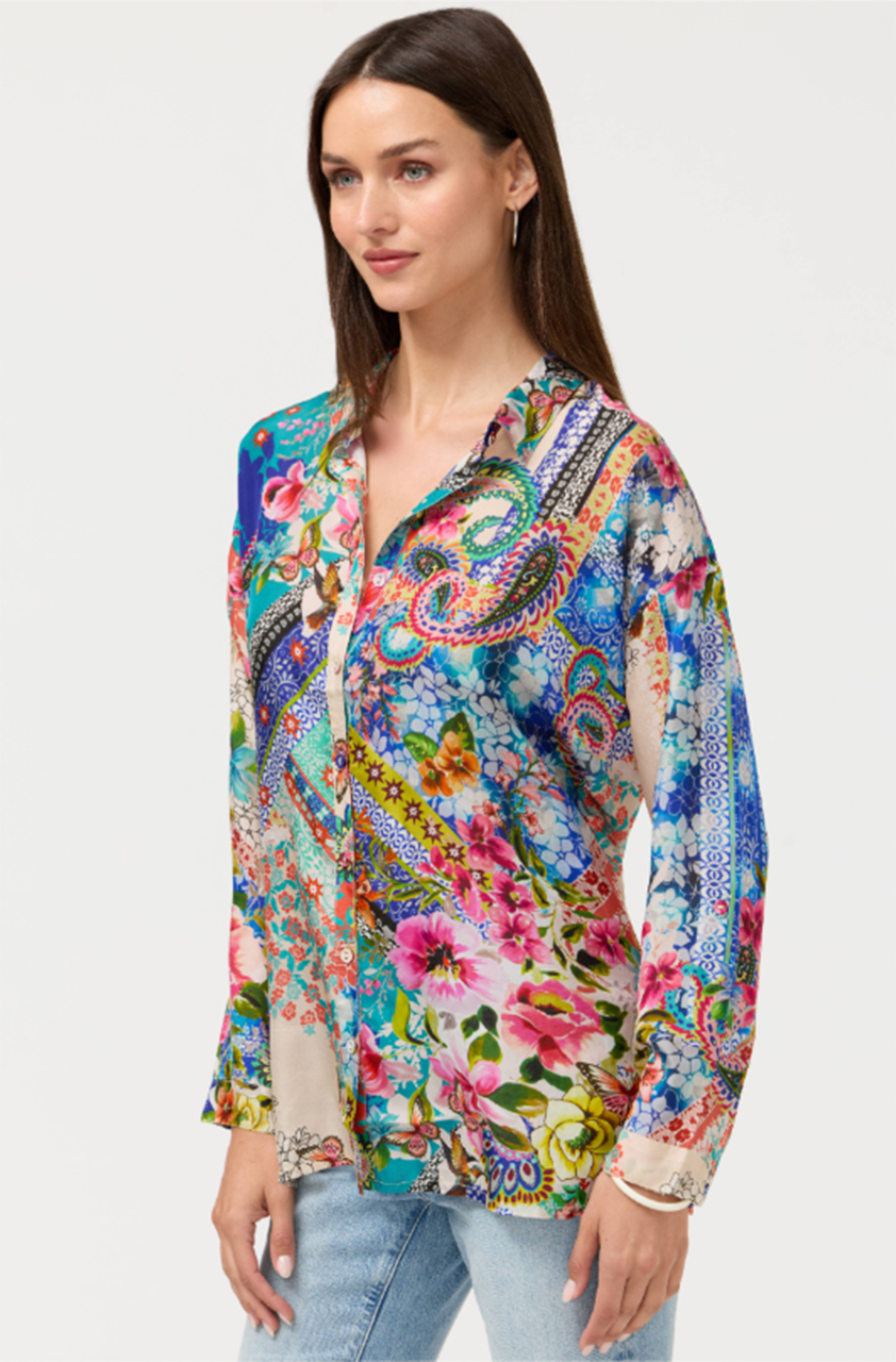 Johnny Was The Audrey Tunic Evie – Women's Designer 100% Silk Patchwork Print Long-Sleeve Tunic Top