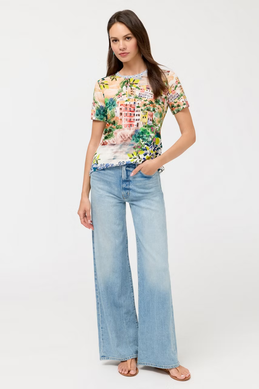 Johnny Was The Janie Favourite Short Sleeve Crew Neck Tee in Olympe – Women's Designer Printed Cotton Blend Casual T-Shirt