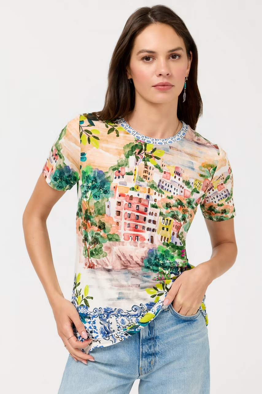 Johnny Was The Janie Favourite Short Sleeve Crew Neck Tee in Olympe – Women's Designer Printed Cotton Blend Casual T-Shirt