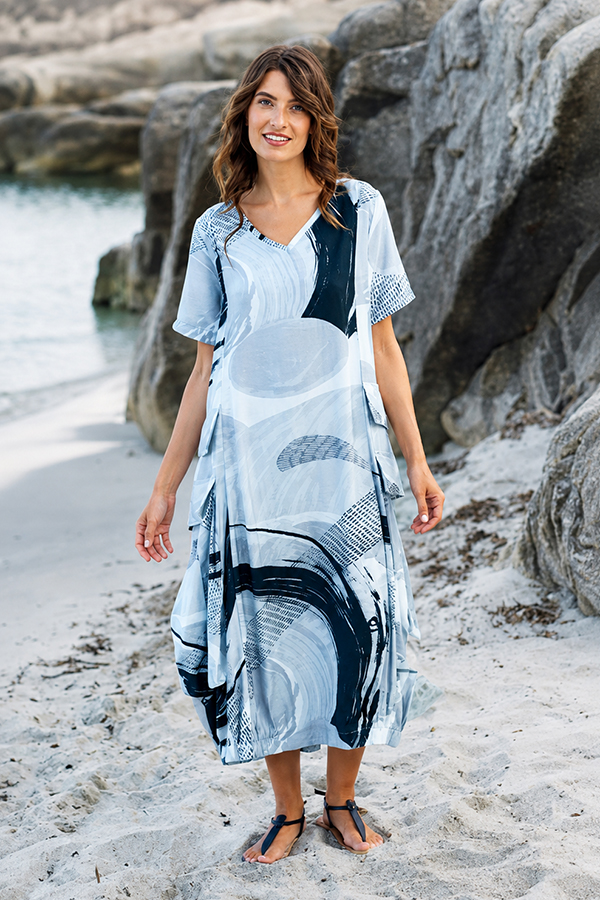 Kokomarina Hibi Dress Original in blue and white abstract print with V-neckline