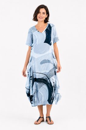 Kokomarina Hibi Dress Original in blue and white abstract print with V-neckline