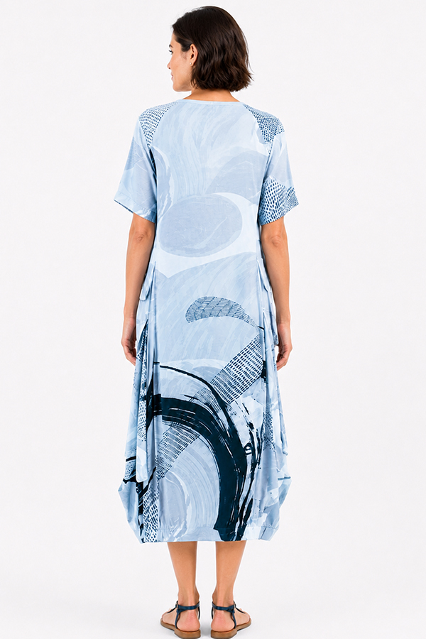 Kokomarina Hibi Dress Original in blue and white abstract print with V-neckline