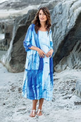 Kokomarina Lazuli Dress Original in blue and white abstract print midi style