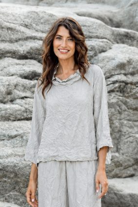 Kokomarina Zikana Blouse Powder - Relaxed Crinkle Blouse with Draped Neckline
