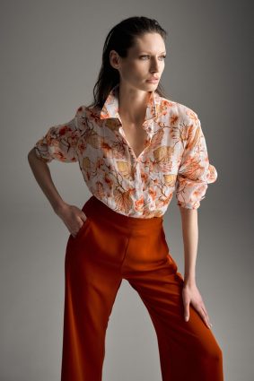 Mela Purdie Atrium Top in Herbarium floral print paired with papaya pants