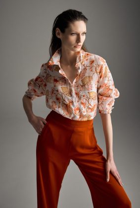 Mela Purdie Atrium Top in Herbarium floral print paired with papaya pants
