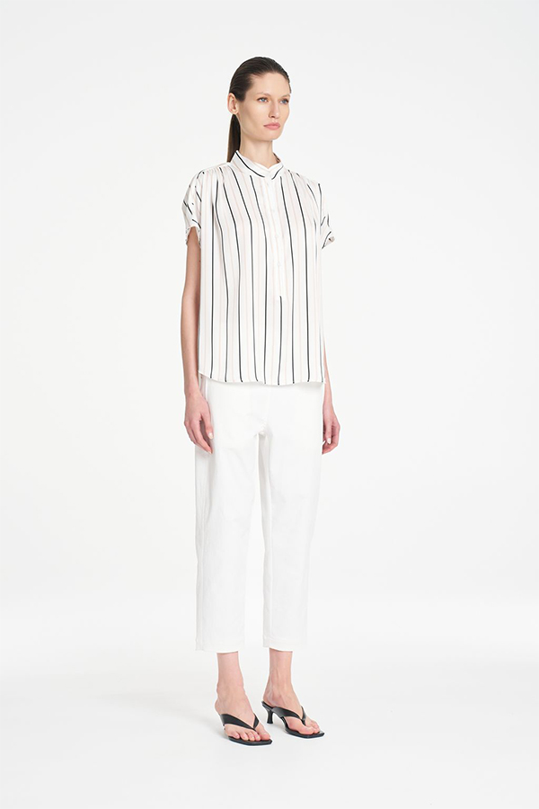 Mela Purdie Gathered Shell top featuring a refined vertical black and white stripe print and soft fluid silhouette