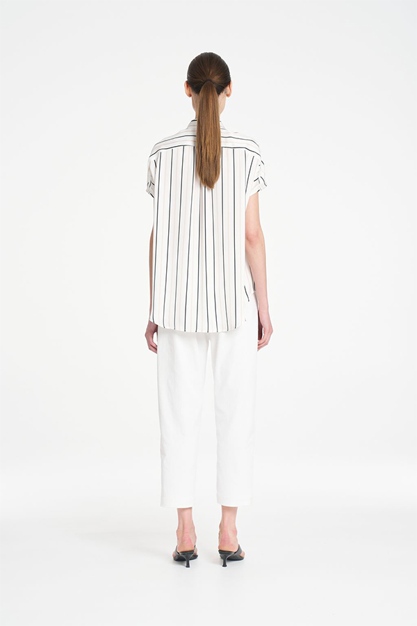 Mela Purdie Gathered Shell top featuring a refined vertical black and white stripe print and soft fluid silhouette