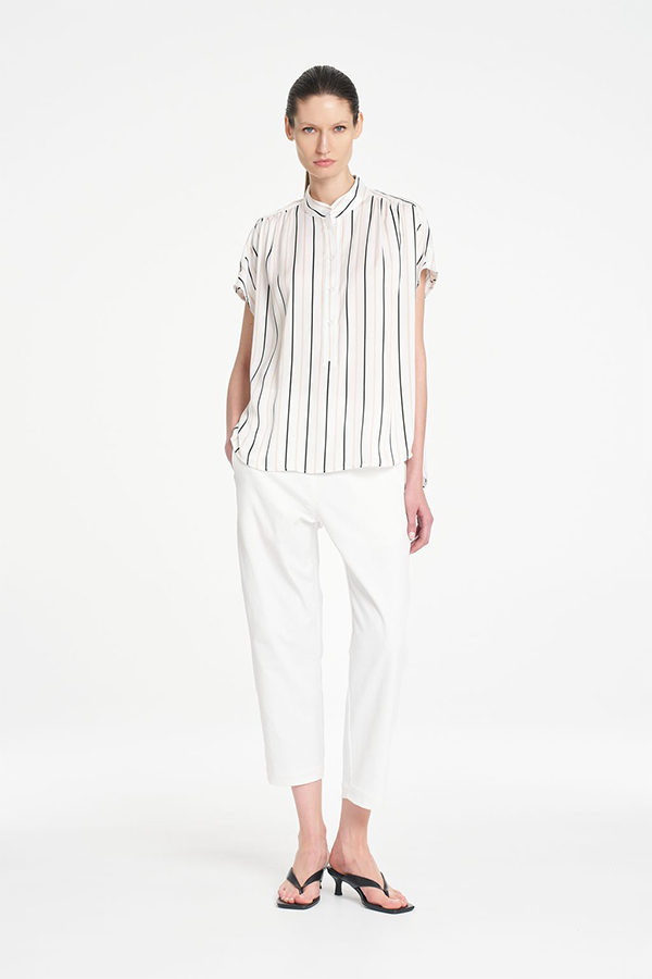 Mela Purdie Gathered Shell top featuring a refined vertical black and white stripe print and soft fluid silhouette