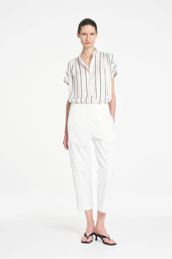 Mela Purdie Gathered Shell top featuring a refined vertical black and white stripe print and soft fluid silhouette