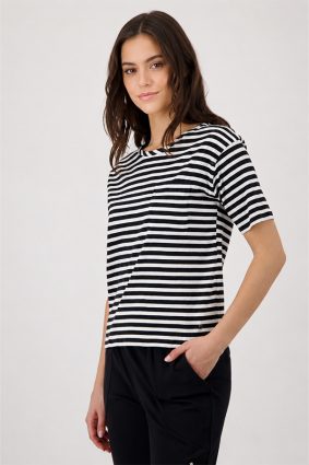 Monari Basic Pima Stripe Black T-Shirt with Chest Pocket