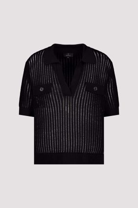 Monari Black Openwork Knit Polo Sweater