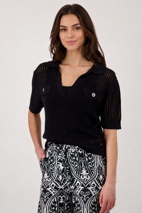 Monari Black Openwork Knit Polo Sweater