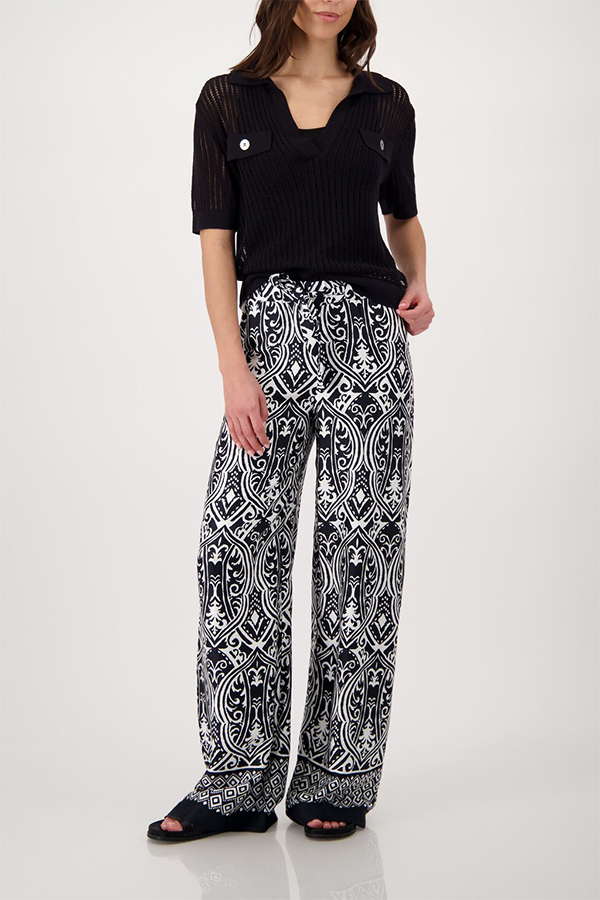 Monari Black Openwork Knit Polo Sweater