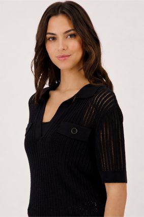 Monari Black Openwork Knit Polo Sweater
