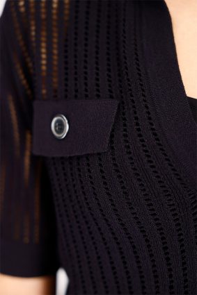 Monari Black Openwork Knit Polo Sweater