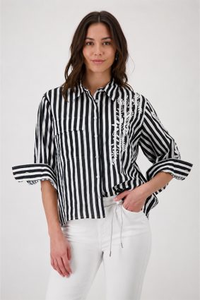 Monari Black and White Striped Blouse with Embroidery