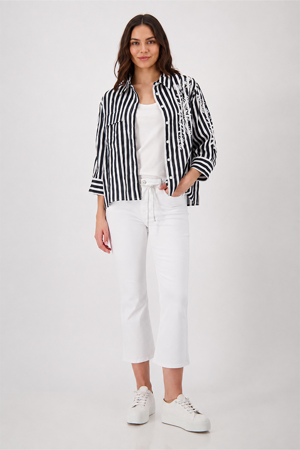 Monari Black and White Striped Blouse with Embroidery