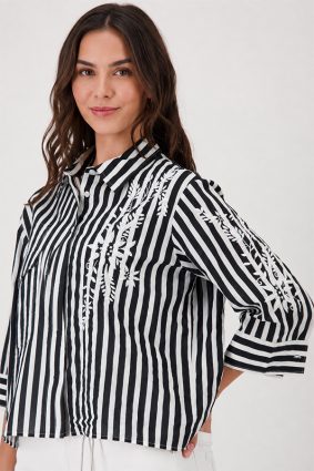 Monari Black and White Striped Blouse with Embroidery