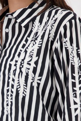 Monari Black and White Striped Blouse with Embroidery