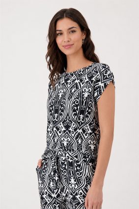 Monari Black and White Allover Ornamental Print T-Shirt