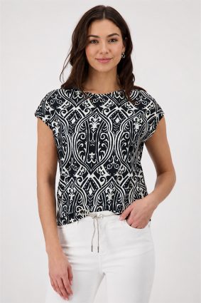 Monari Black and White Allover Ornamental Print T-Shirt