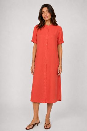 Mos Mosh Arleth SS Linen Dress in spicy orange with front button fastening and relaxed midi silhouette