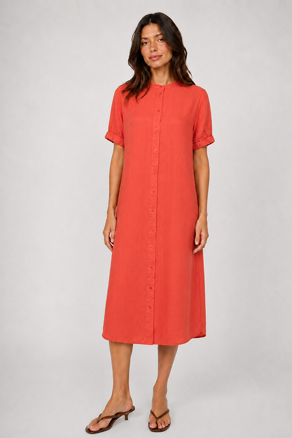 Mos Mosh Arleth SS Linen Dress in spicy orange with front button fastening and relaxed midi silhouette