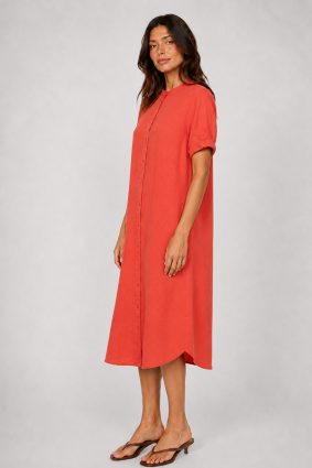Mos Mosh Arleth SS Linen Dress in spicy orange with front button fastening and relaxed midi silhouette