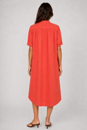 Mos Mosh Arleth SS Linen Dress in spicy orange with front button fastening and relaxed midi silhouette
