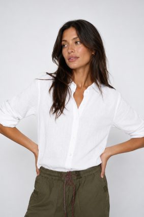 Mos Mosh Artina white button-through linen shirt with a relaxed silhouette and classic collar