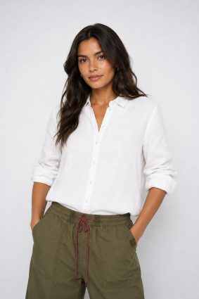 Mos Mosh Artina white button-through linen shirt with a relaxed silhouette and classic collar
