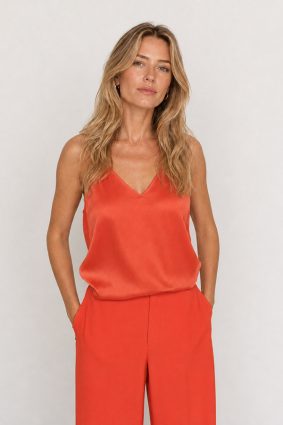 Mos Mosh Astrid spicy orange silk tank with a regular fit and V-neckline