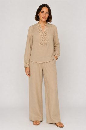 Mos Mosh EI linen twill trousers featuring a relaxed wide-leg silhouette and comfortable elasticated waist in twill