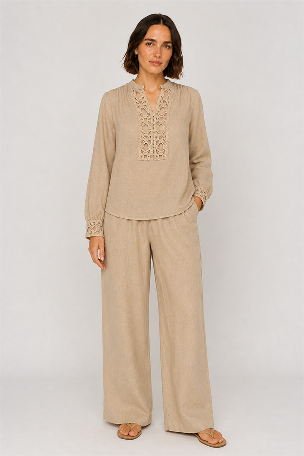 Mos Mosh EI linen twill trousers featuring a relaxed wide-leg silhouette and comfortable elasticated waist in twill