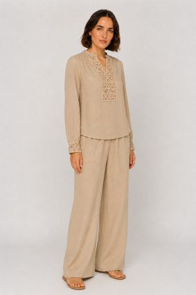 Mos Mosh EI linen twill trousers featuring a relaxed wide-leg silhouette and comfortable elasticated waist in twill