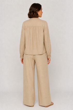 Mos Mosh EI linen twill trousers featuring a relaxed wide-leg silhouette and comfortable elasticated waist in twill