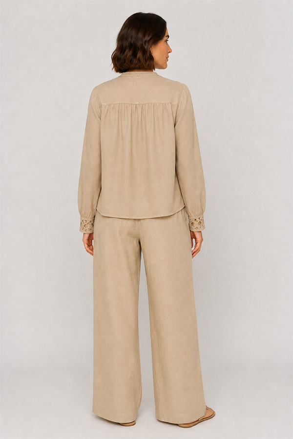 Mos Mosh EI linen twill trousers featuring a relaxed wide-leg silhouette and comfortable elasticated waist in twill
