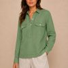 Mos Mosh Enna turf green linen pocket blouse featuring a relaxed silhouette, collared neckline, and statement flap pockets